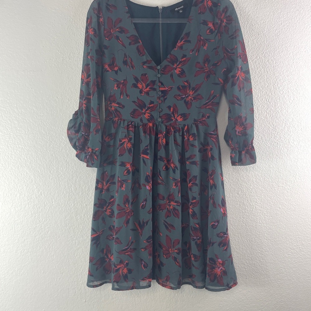 Madewell Floral V-Neck Button Mini Dress Size 2 Dark Green Red Boho K6064